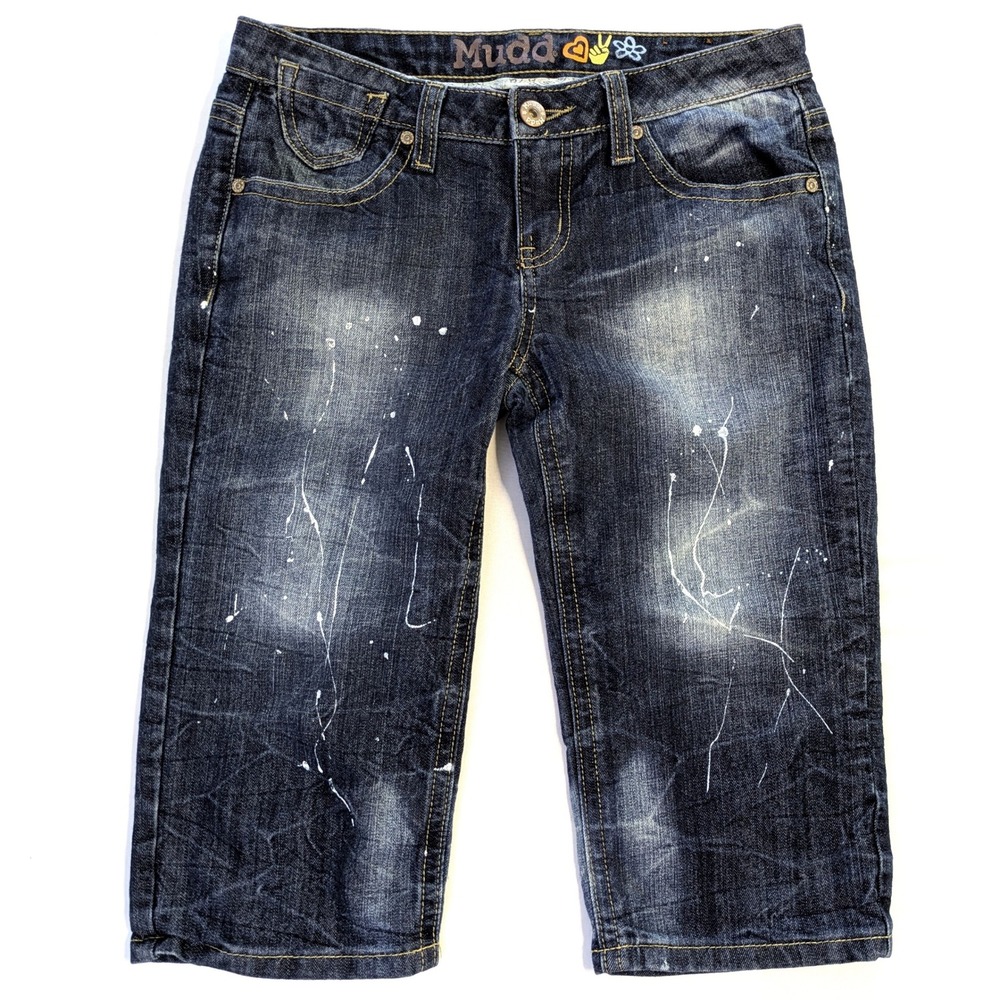 Mudd Womens Dark Wash Paint Splatter Denim Capri Shorts Blue Y2K Size 7